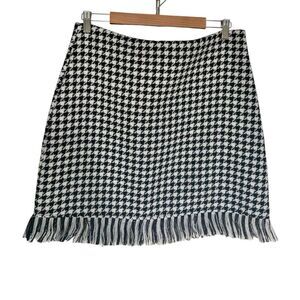 New York & Company Houndstooth Black & White A-Line Skirt Fringe Hem size Large